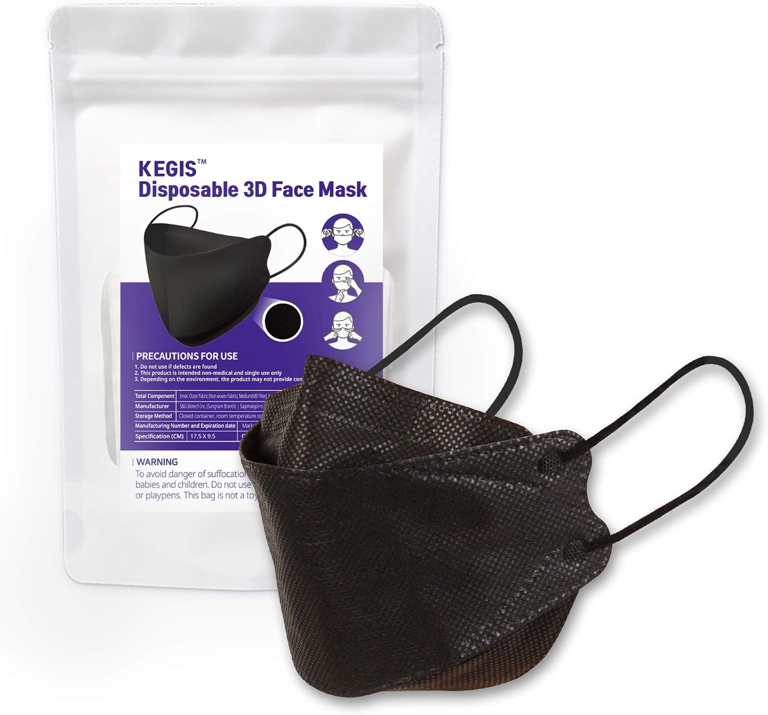 Disposable 3D Face Mask (10PCS) Elastic ear loop with adjustable nose bridge. Zip lock package