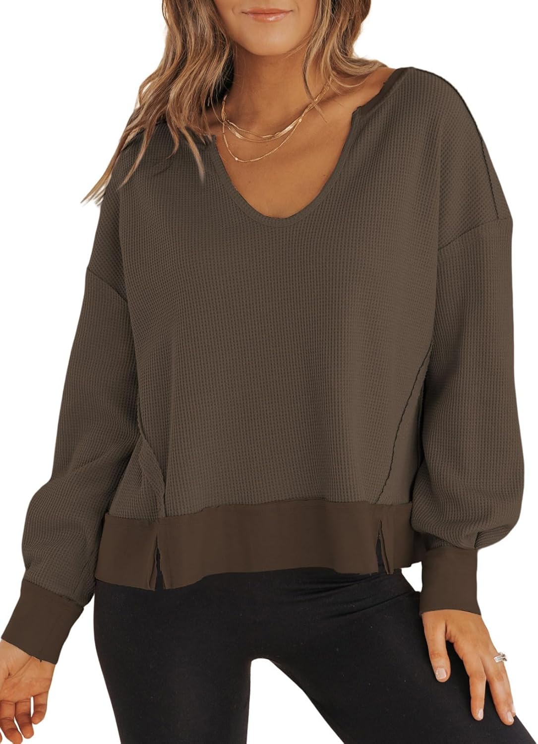 Dokotoo Womens Spring Outfits V Neck Waffle Knit Tops Cropped Sweaters Long Sleeve Pullover Crop Top