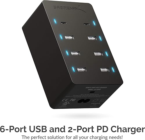 Miniatura 2 de Cargador rápido USB de tamaño familiar de 100 vatios de 8 puertos certificado UL incluye 2 puertos PD (suministro de energía) + Paquete de 3 cables
