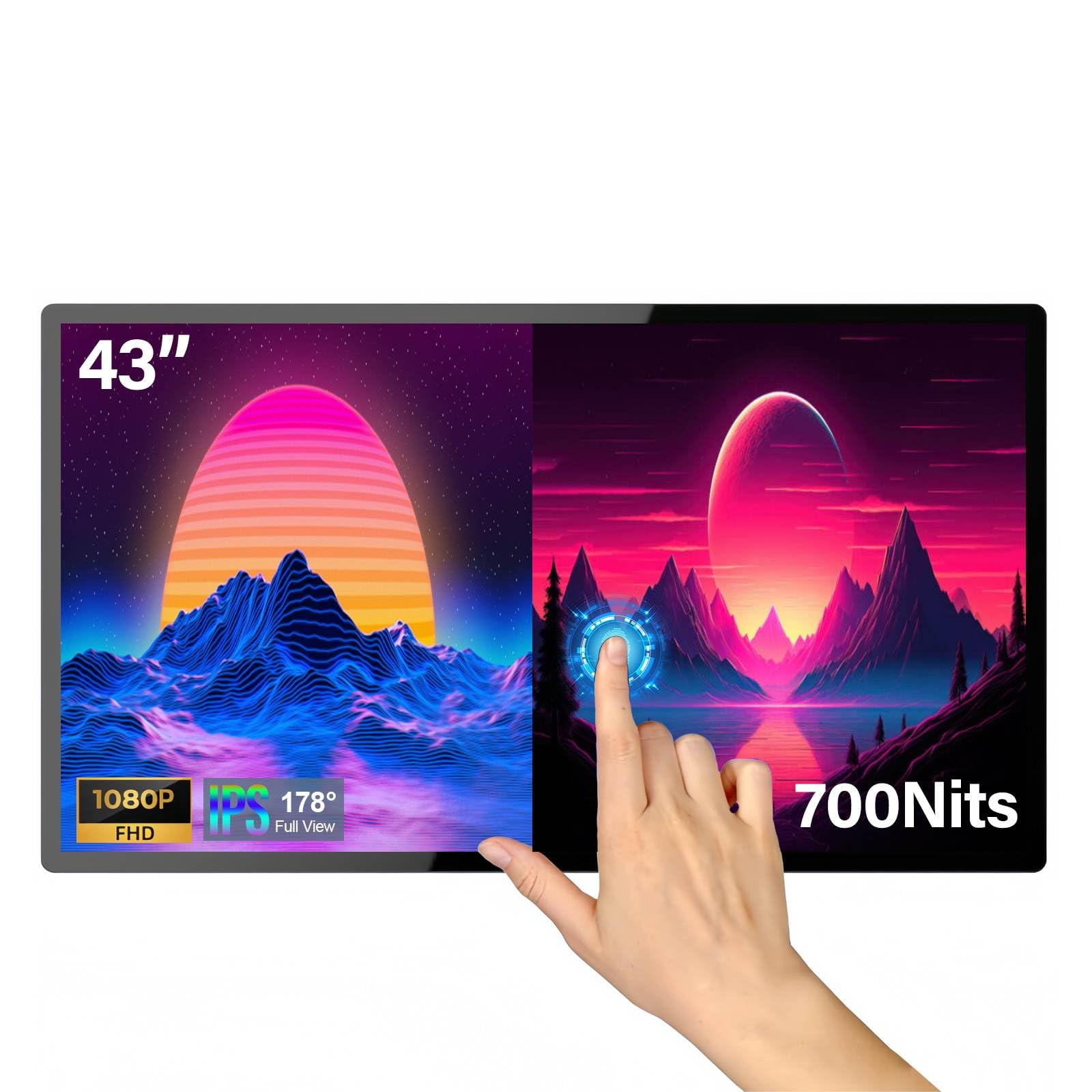 43inch Touchscreen Digital Display, 700nit High Brightness Digital Signage, CMS/U-Disk Plug&amp;Play, Slim Fit Frameless LCD Monitor, Smart Split Screen, 24/7 Timer Switch, Built-in Speaker