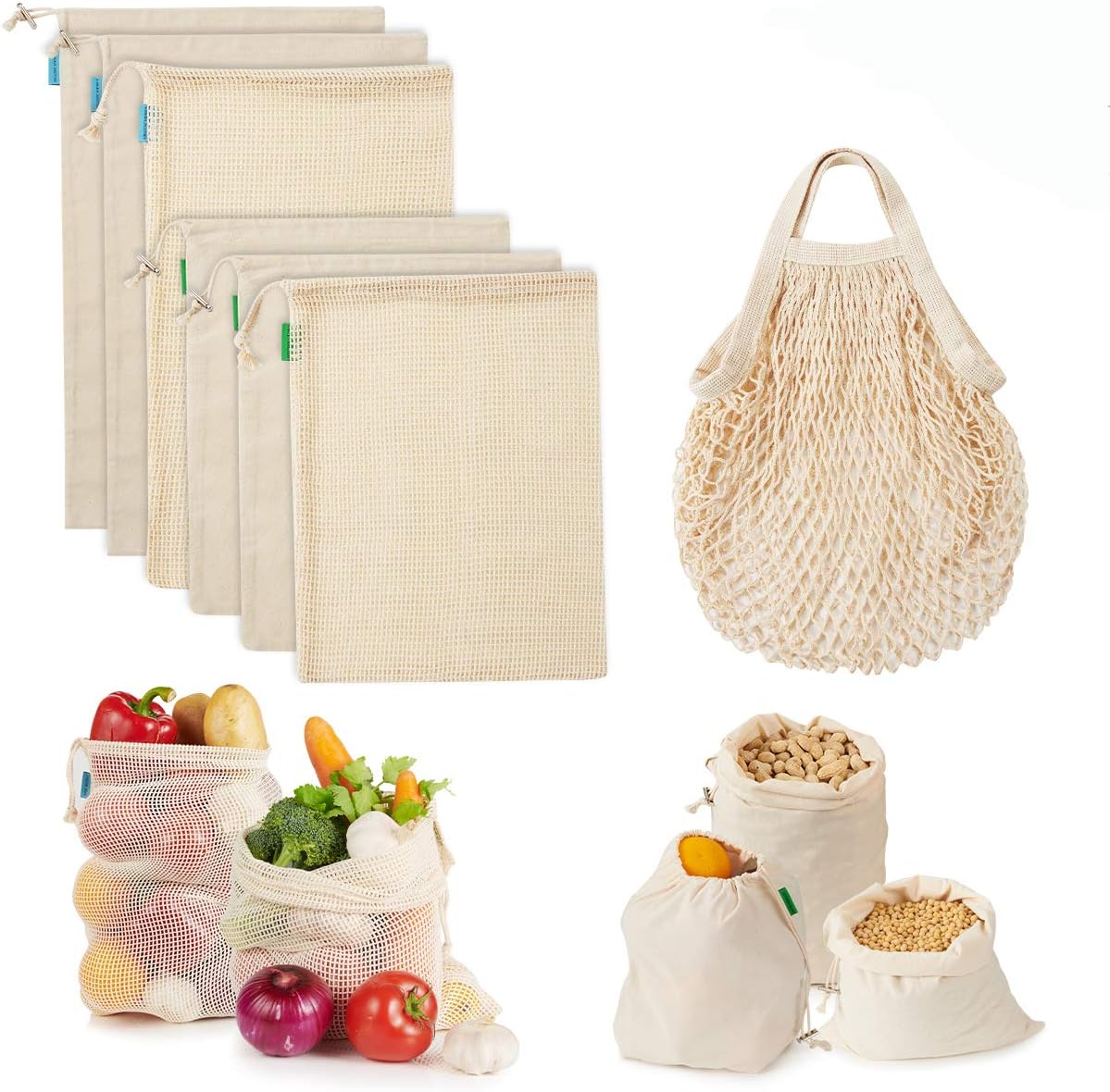 CORATED Reusable Produce Bags, Mesh Bags Cotton Grocery Bag for Shopping and Storage, ECO-Friendly Muslin Bags (7 Pack 3 Types)