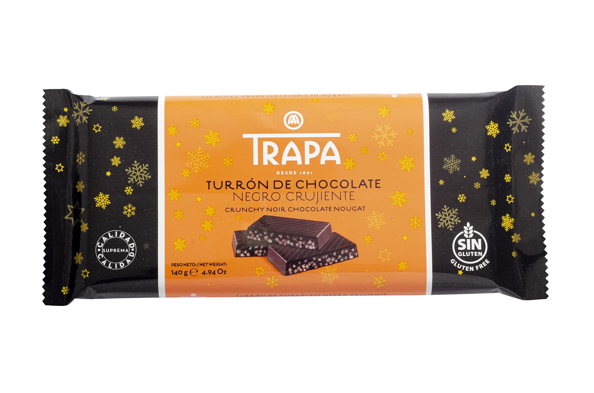 TRAPA | Turrón de Chocolate Negro Crujiente | 140 g | Sin Gluten y Sin Aceite de Palma