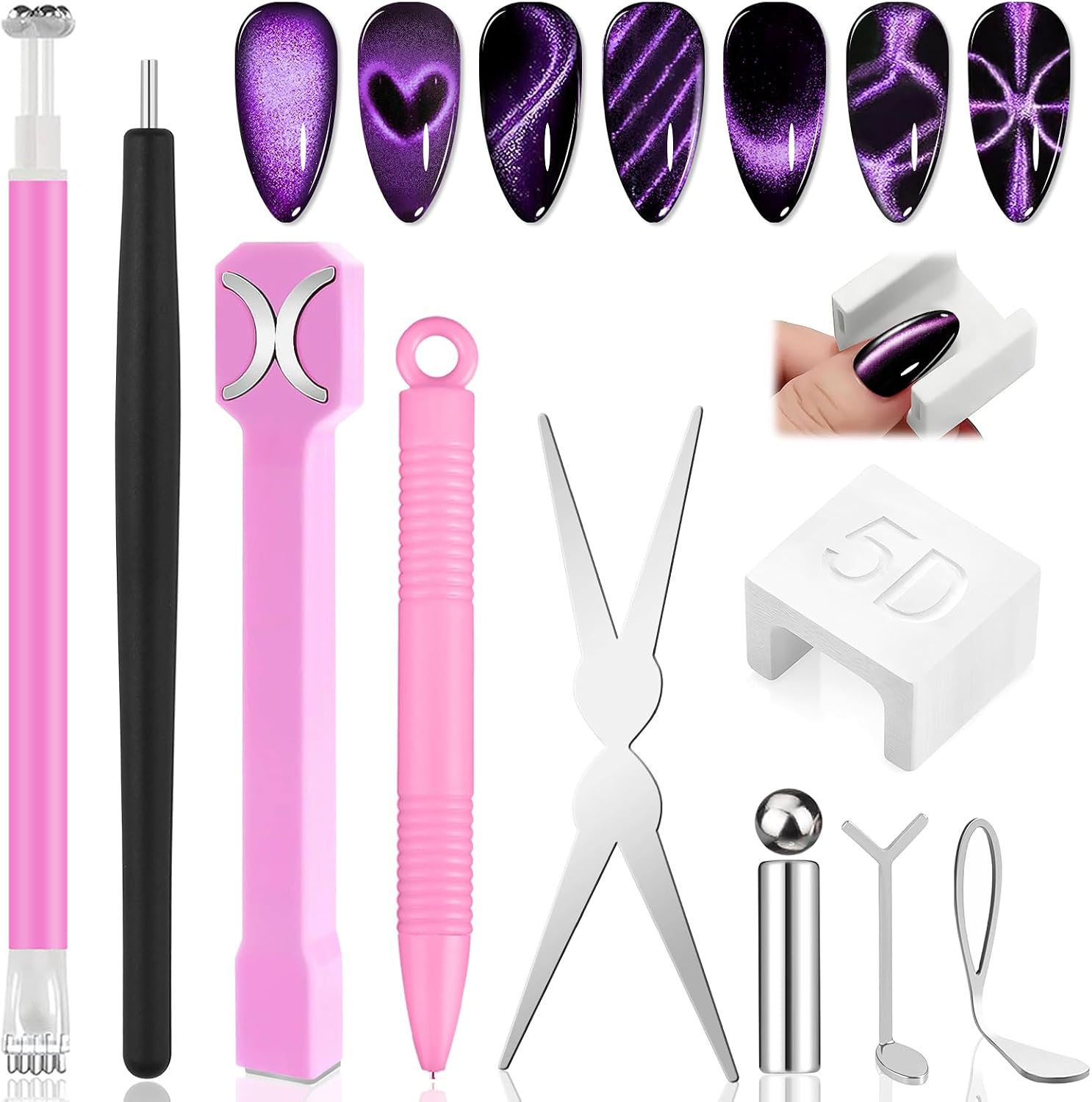 EBANKU 10PCS Cat Eye Nail Magnet Stick Set, Magnetyczny Lakier do Paznokci Serca French U-Shaped żelowy Lakier do Paznokci Cat Eye Magnetic z Magnesem Kulkowym Nail Art Tools for Nail Salon