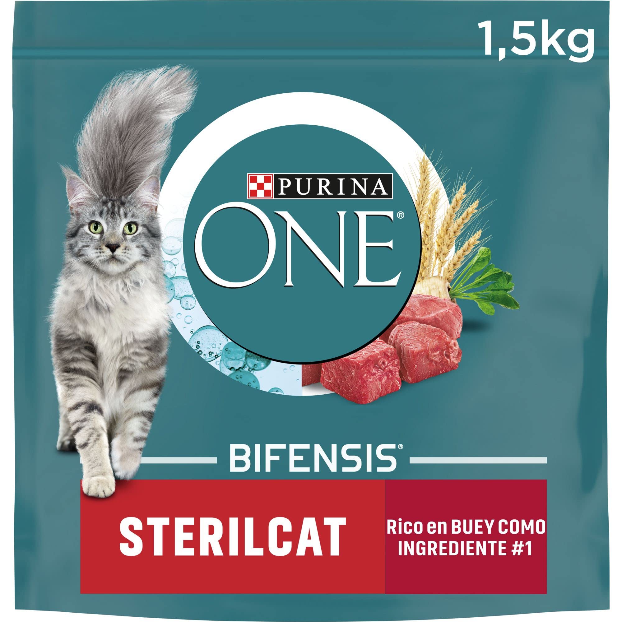 Purina ONE Bifensis Comida Pienso para gato Esterilizado Adulto Buey y Trigo, 6 bolsas de 1,5kg