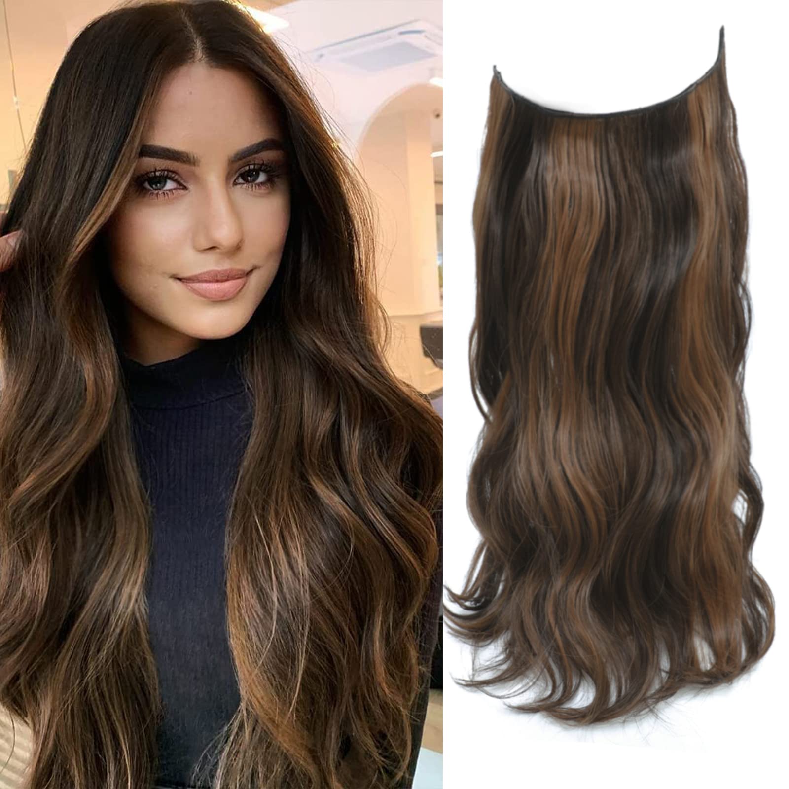 Invisible Hair Extensions 20 inch Wavy Hair Extension Synthetic Hair Pieces for Women Transparent Invisible Secret Wire Hair Extensions (Dark Brown with Auburn Brown Highlights)