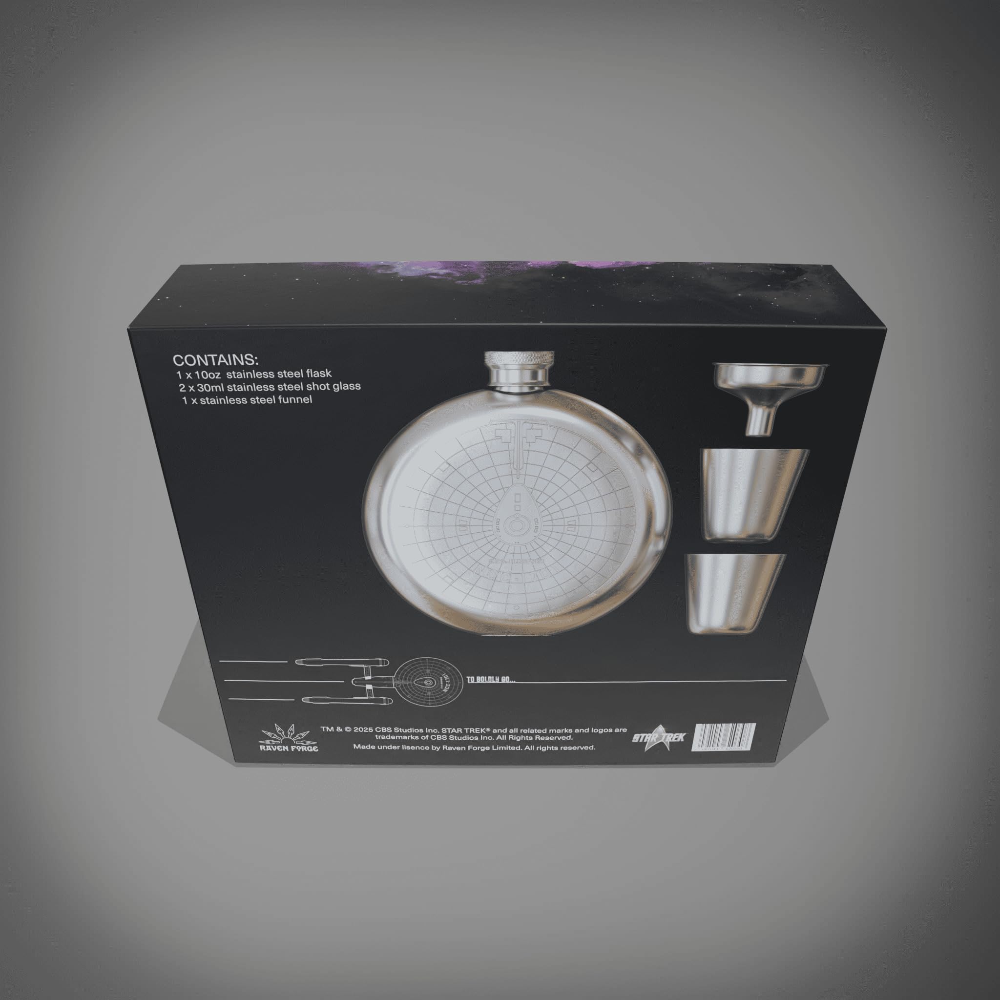Star Trek Enterprise Flachmann – Offiziell lizenziertes Star Trek Merchandise Star Trek Edelstahl-Flachmann Geschenkset mit 2 x 30 ml Edelstahl-Schnapsgläsern und 1 x Einfülltrichter