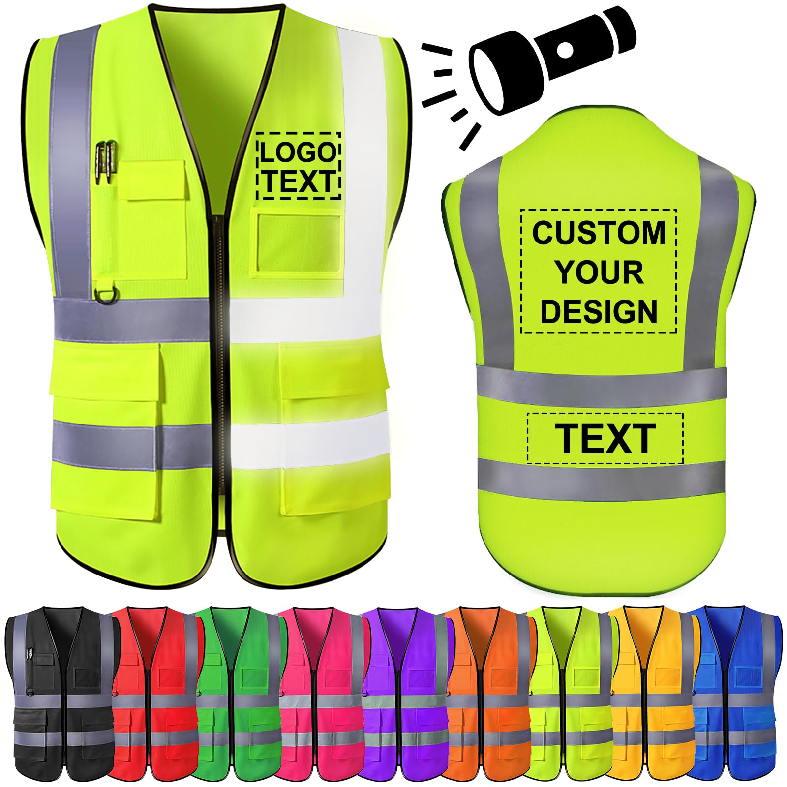 PFTPOW Custom Safety Vest for Men Personalized High Visibility Vest Workwear with Reflective Strip 5 Pockets