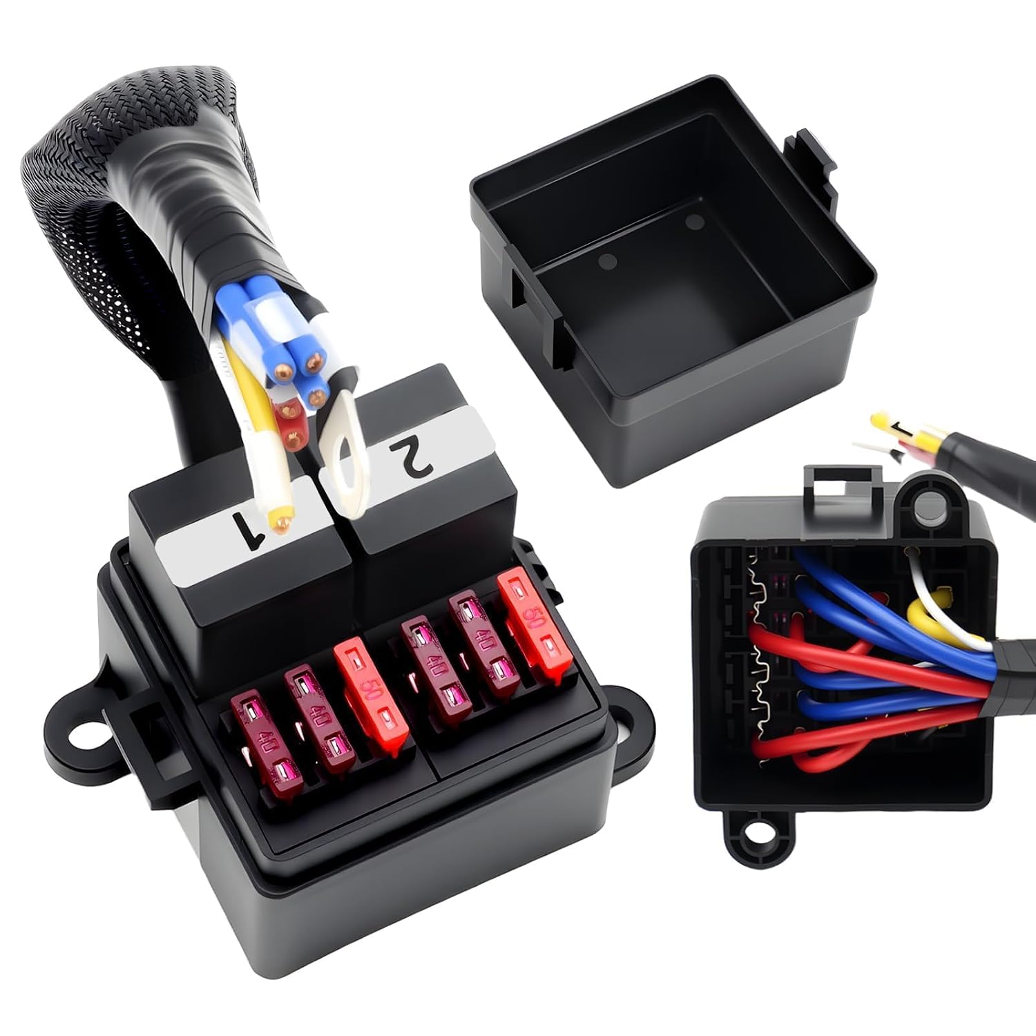 12V Pre-Wired Fuse Relay Box, 2 Relays & 6 Fuses with 40A/50A ATO/ATO Blade Fuses, 4-Pin 80A JD1912 Relay Block Kit for Car Truck RV (Wire Rated 30A)