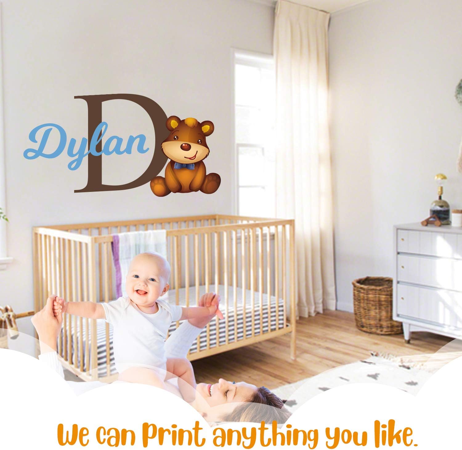 Custom Name & Initial Teddy Bear Wall Decals I Cute Nursery Decor I Baby Boy & Baby Girl Room Decor I Teddy Bear Baby Shower Decorations I Bear Wall Decor (Wide 42" x 22" Height)