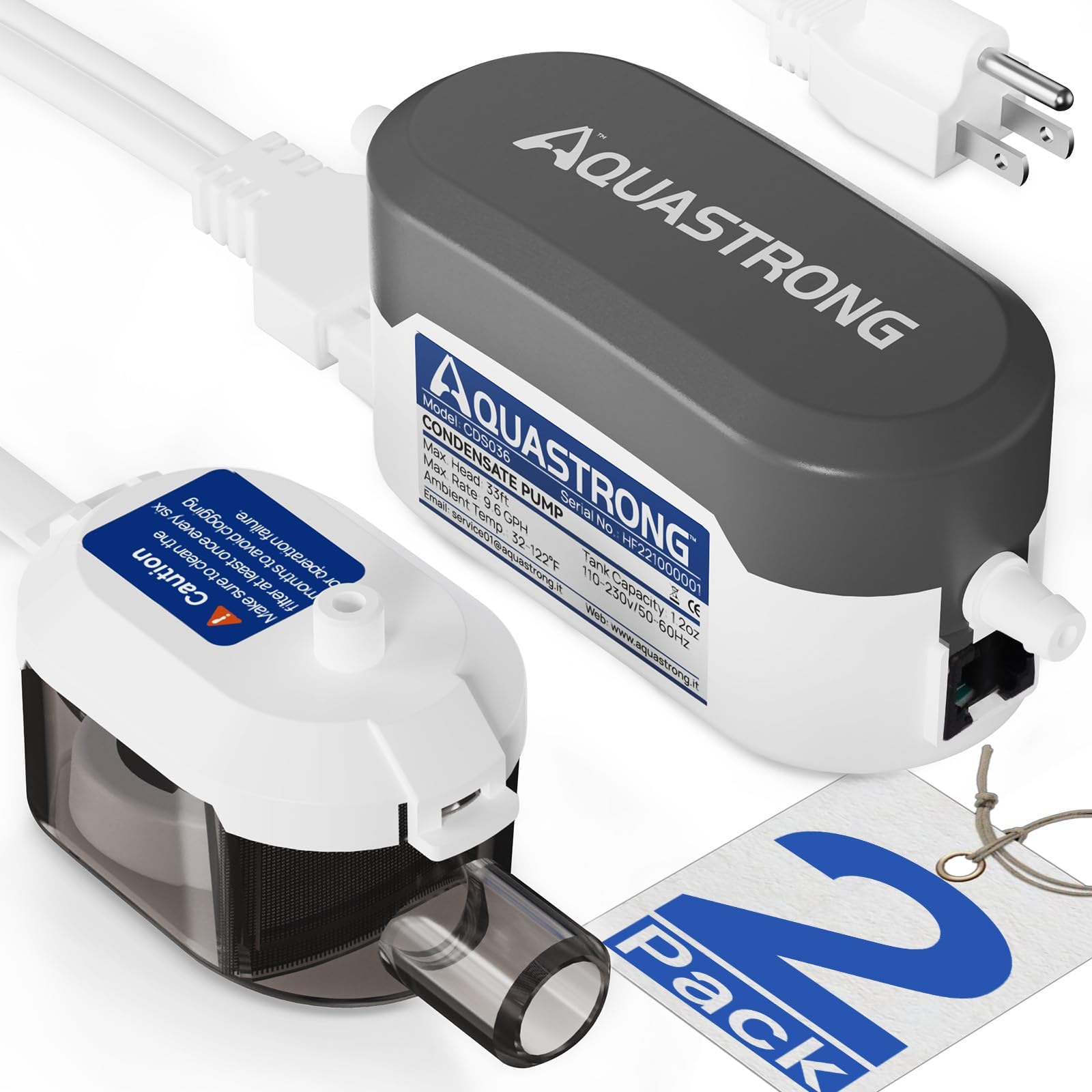 Aquastrong Mini Split HVAC Condensate Pump 2 Packs, 9.6 GPH, 115V/230V, Automatic Safety Switch, AC Condensate Removal for Air Conditioner, Furnace, Dehumidifier, 3.3' Power Cord