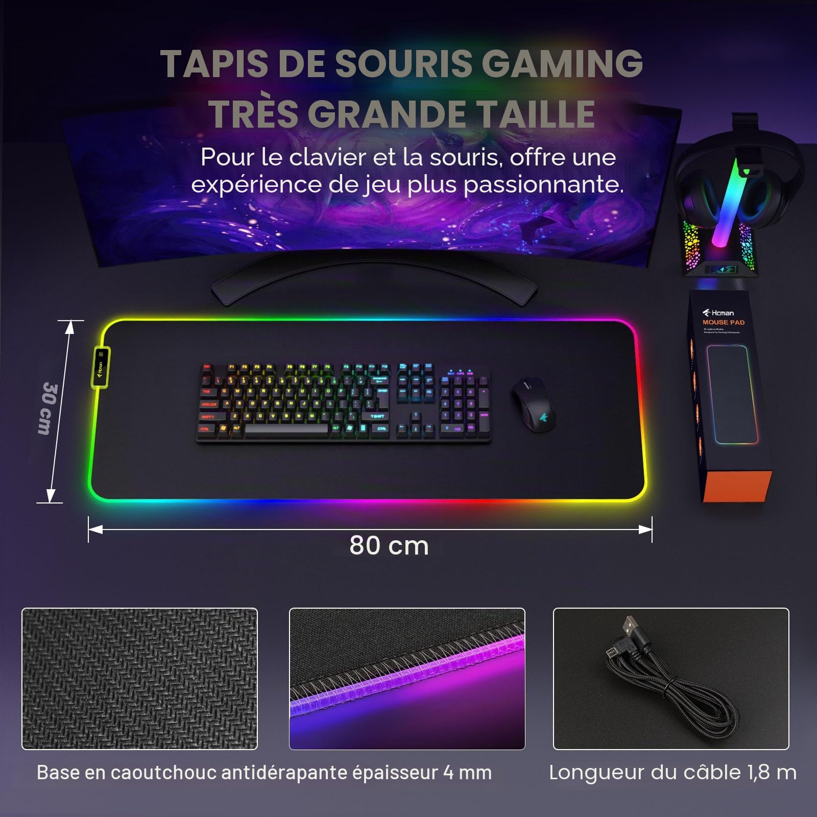 Hcman RGB Tapis de Souris de Jeu Grand, Epais (800×300×4mm) Tapis de Souris en LED Etendu de Taille XXL avec Base Antidérapante en Caoutchouc, de Clavier d’Ordinateur Doux