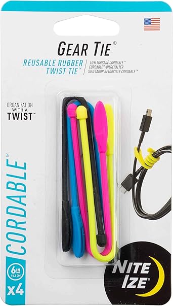 Nite Ize Gear Tie Cordable, The Orginal Reusable Rubber Twist Tie with Stretch-Loop For Cord Management + Storage, 6-Inch, Assorted Colors, 4 Pack, Made in the USA