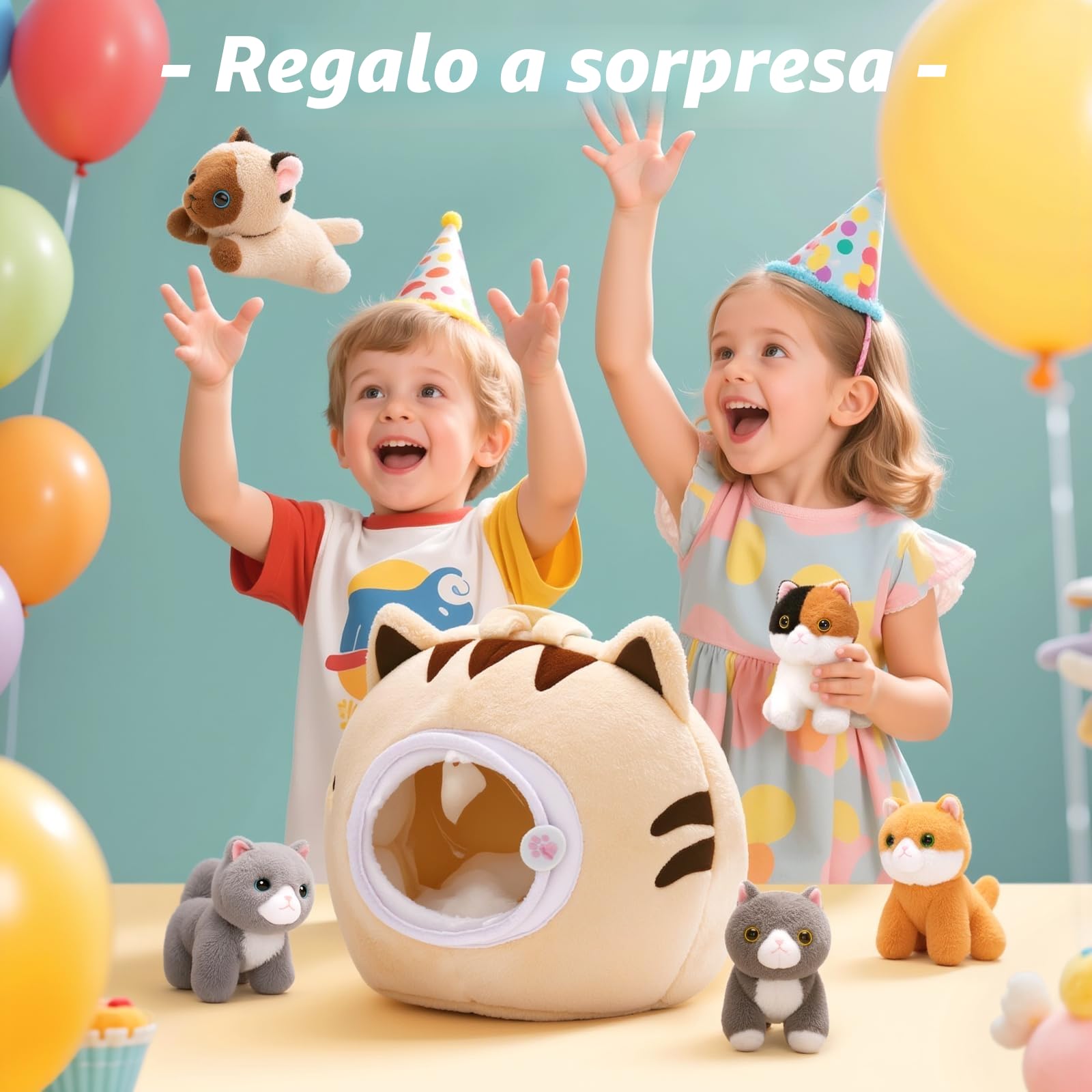 OUOZZZ Set di Peluche Gatto – 5 Gattini Morbidi con Cuccia in Peluche – Giocattolo Ideale per Bambini