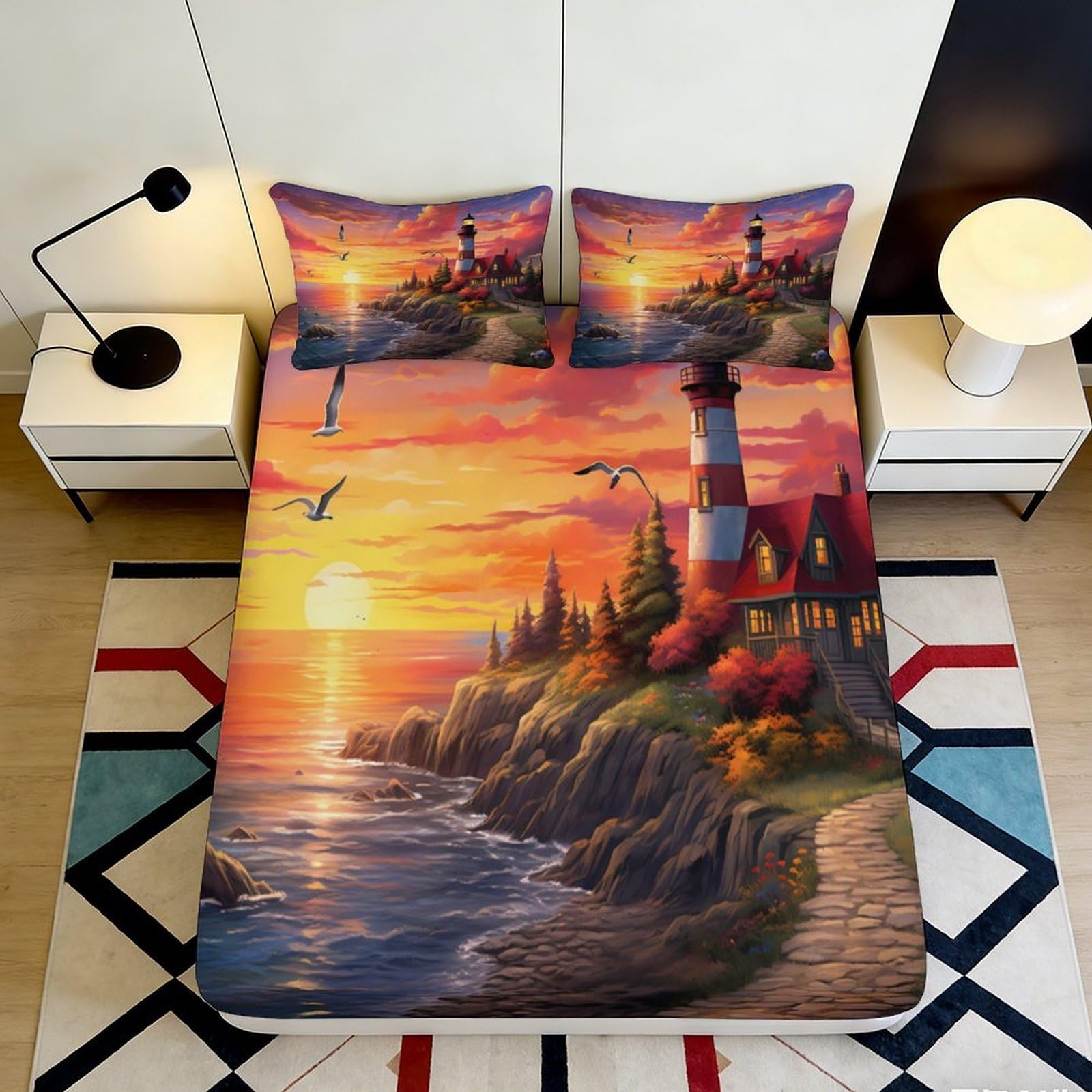 3D Printed Sunset Lighthouse Fitted Sheet Microfiber Soft Breathable Seaside Landscape Mattress Cover Bedroom Decor 90x200x25cm