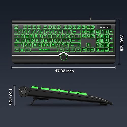 Miniatura 5 de TECKNET Teclado retroiluminado de impresión grande, teclado de computadora USB-A con cable con reposamuñecas, retroiluminación de 7 colores, teclas