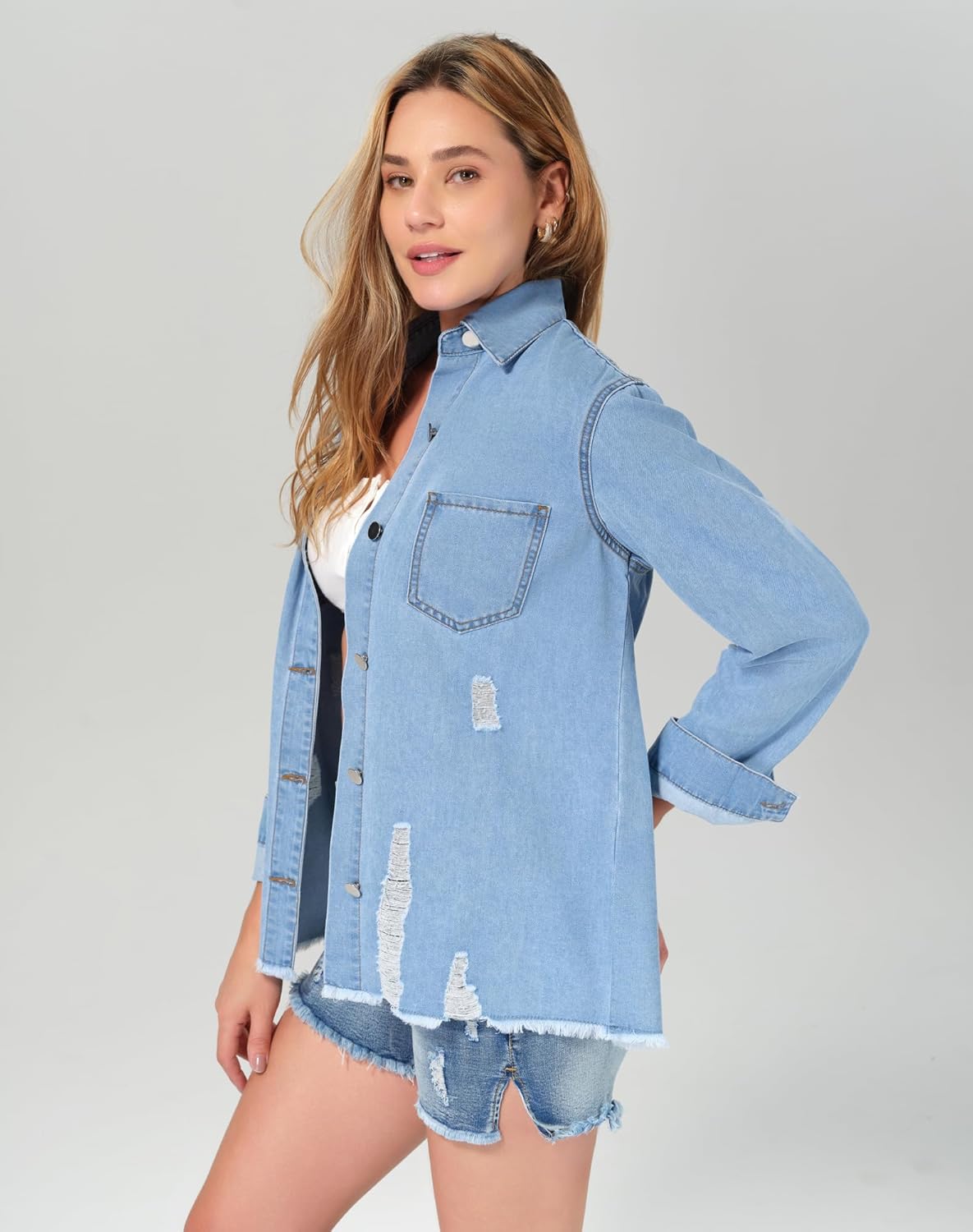 roswear Women’s Denim Shirt Long Sleeve Fringe Casual Distressed Jean Shirts Fall Clothes - Image 2