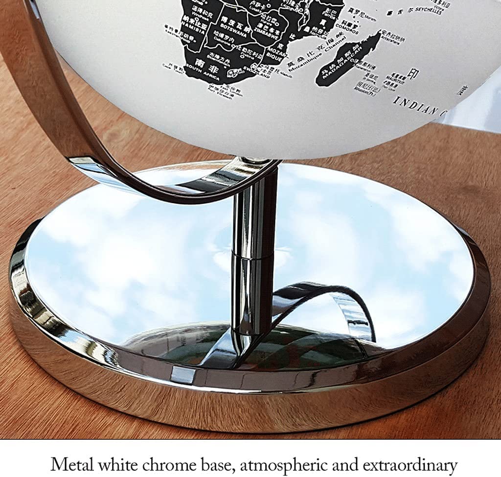 HRTC Globo Elegante clásico más Nuevo con Soporte de Base de Metal Cromado Globo Blanco y Negro iluminación Led Globo terráqueo para Oficina en casa 9,8" Libro de Texto práctico