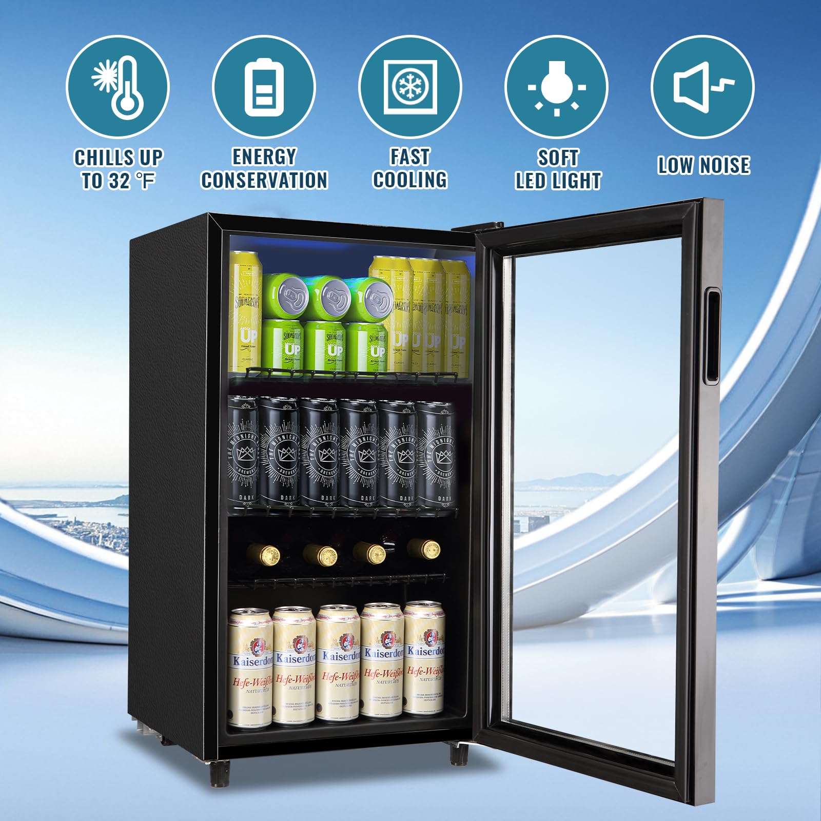 WANAI Mini Fridge Glass Door 120 Cans Beverage Refrigerator Small Wine Cooler Clear Front Drinks Fridge For Soda Beer Bar Home Office With 7 Thermostat LED Light on Fridge.com - View 2