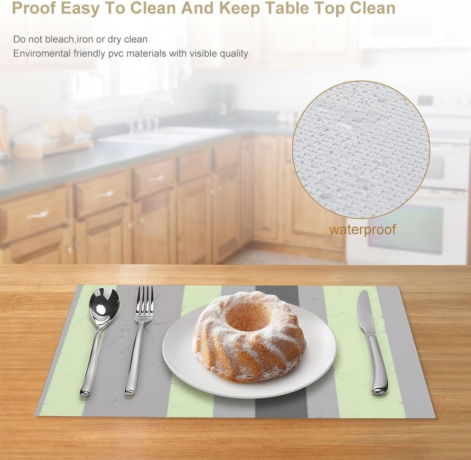 Stripes Charcoal and Light Grey Mint Green Placemat, Set of 4 Heat Resistant PVC Place Mats for Kitchen Table