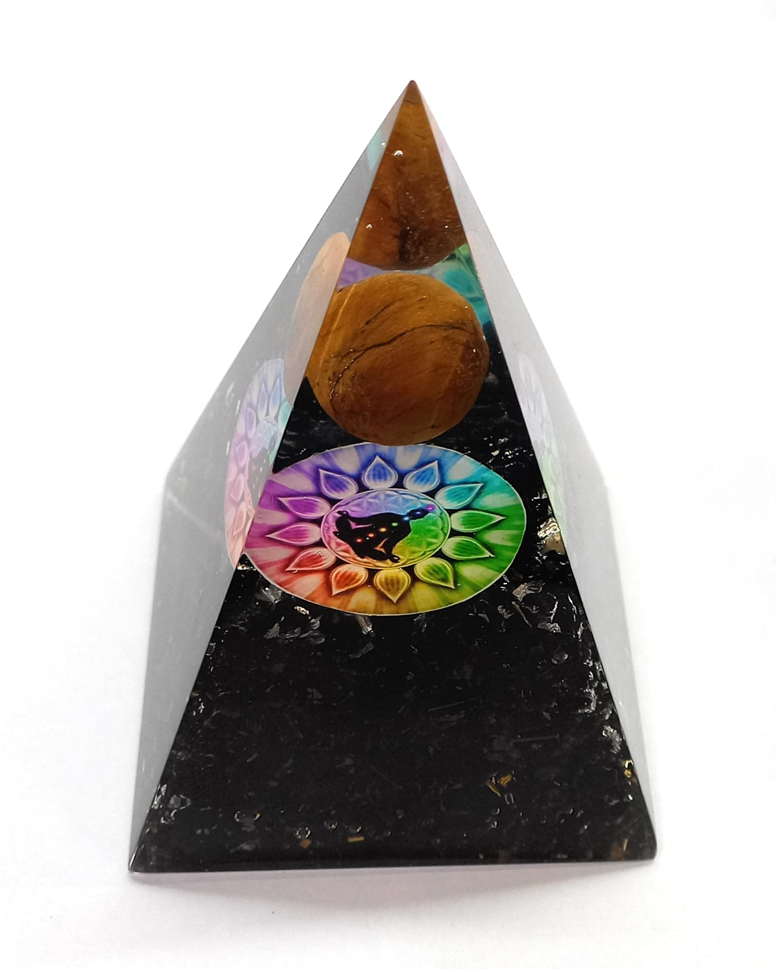 Samyuktha Piramide di orgonia naturale in tormalina nera con sfera occhio di tigre per ricchezza, prosperità, successo, resina, 7,6 cm, ricchezza, prosperità, Feng Shui, Vastu, scrivania, Evil Buri