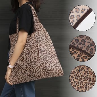 2pcs Foldaway Shopping Bags, Leopard Print Fold up Shopping Bag in Pouch, Reusable Folding Shop Bags Durable, Eco-Friendly, Washable For Gift Shop Travel Camping Loading