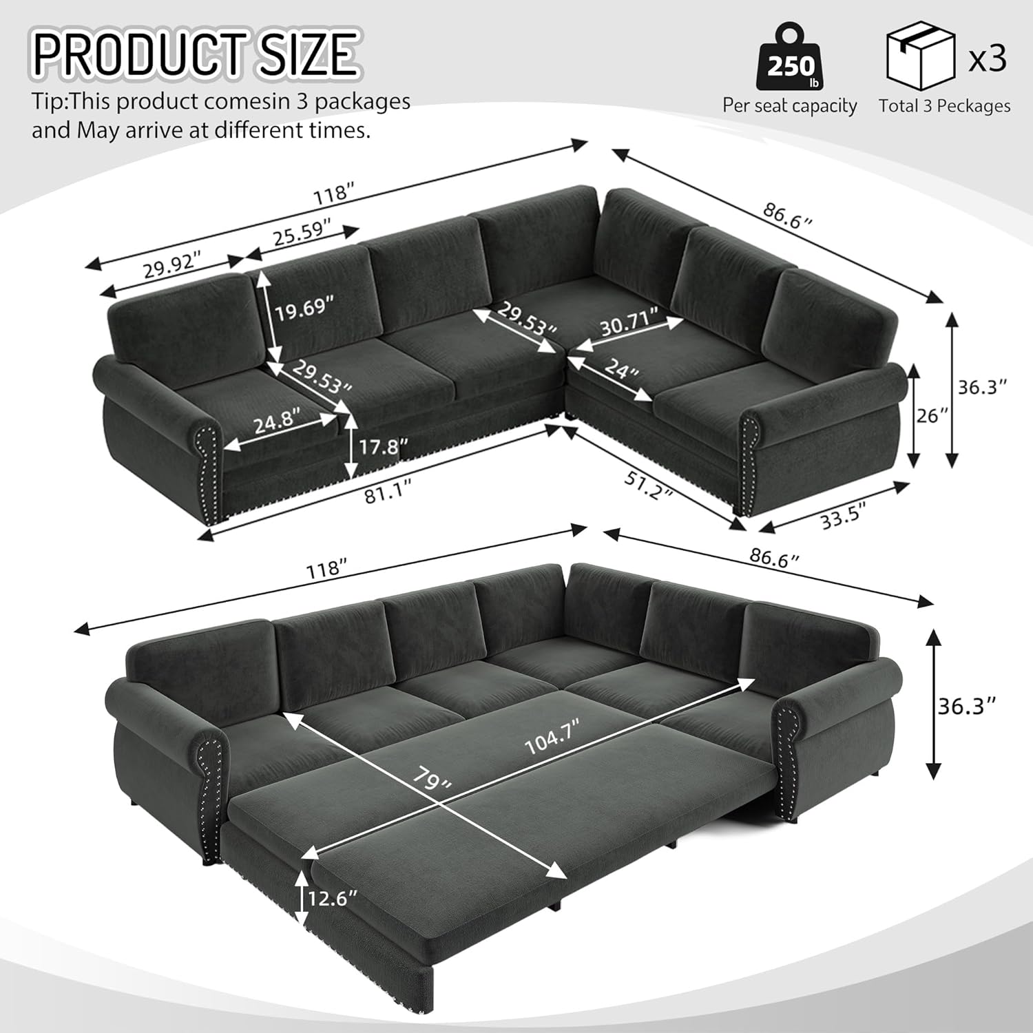 118'' Pull Out Couch, Convertible Sleeper Sofa Bed, Upholstered Sectional Sofa, Chenille L-Shaped Couch with Nailhead Trim, 6-Seater Modern Sectional Couches for Living Room,Bedroom, Dark Grey
