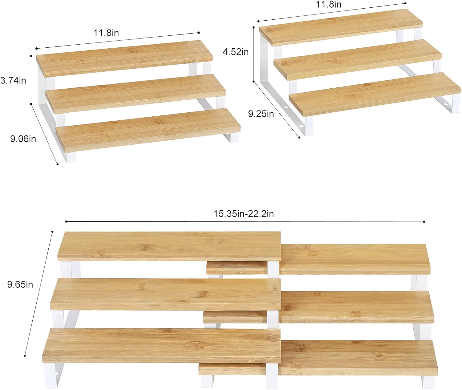 MOOACE Spice Rack Organizer for Cabinet, 3 Tier Expandable Seasoning Shelf Spice Storage Holder, Organizer for Kitchen Cabinet, Pantry or Countertop, Set of 2, White and Natural