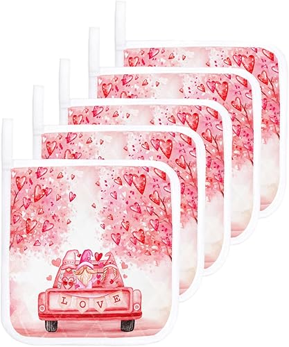 5 Packs Valentine's Red Truck Pot Holders Sets for Kitchen,Oven Pan Plate Bowl Pads Heat Proof Mat with Hanging Loop,Terry Cloth Potholders Soft