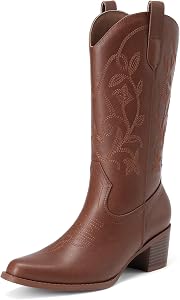 DREAM PAIRS Women's Cowboy Boots Embroidery Western Cowgirl Boots V Cut Chunky Heel Mid Calf Boots Vintage Fashion Stitched Boots for Music Festivals