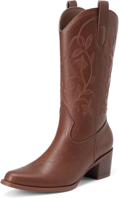 DREAM PAIRS Women's Cowboy Boots Embroidery Western Cowgirl Boots V Cut Chunky Heel Mid Calf Boots Vintage Fashion Stitched Boots for Music Festivals