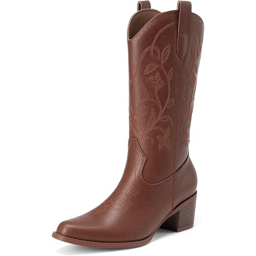 DREAM PAIRS Cowboy Boots for Women Cowgirl Western Boots Fashion Embroidery Stitched Chunky Heel Mid Calf Boots