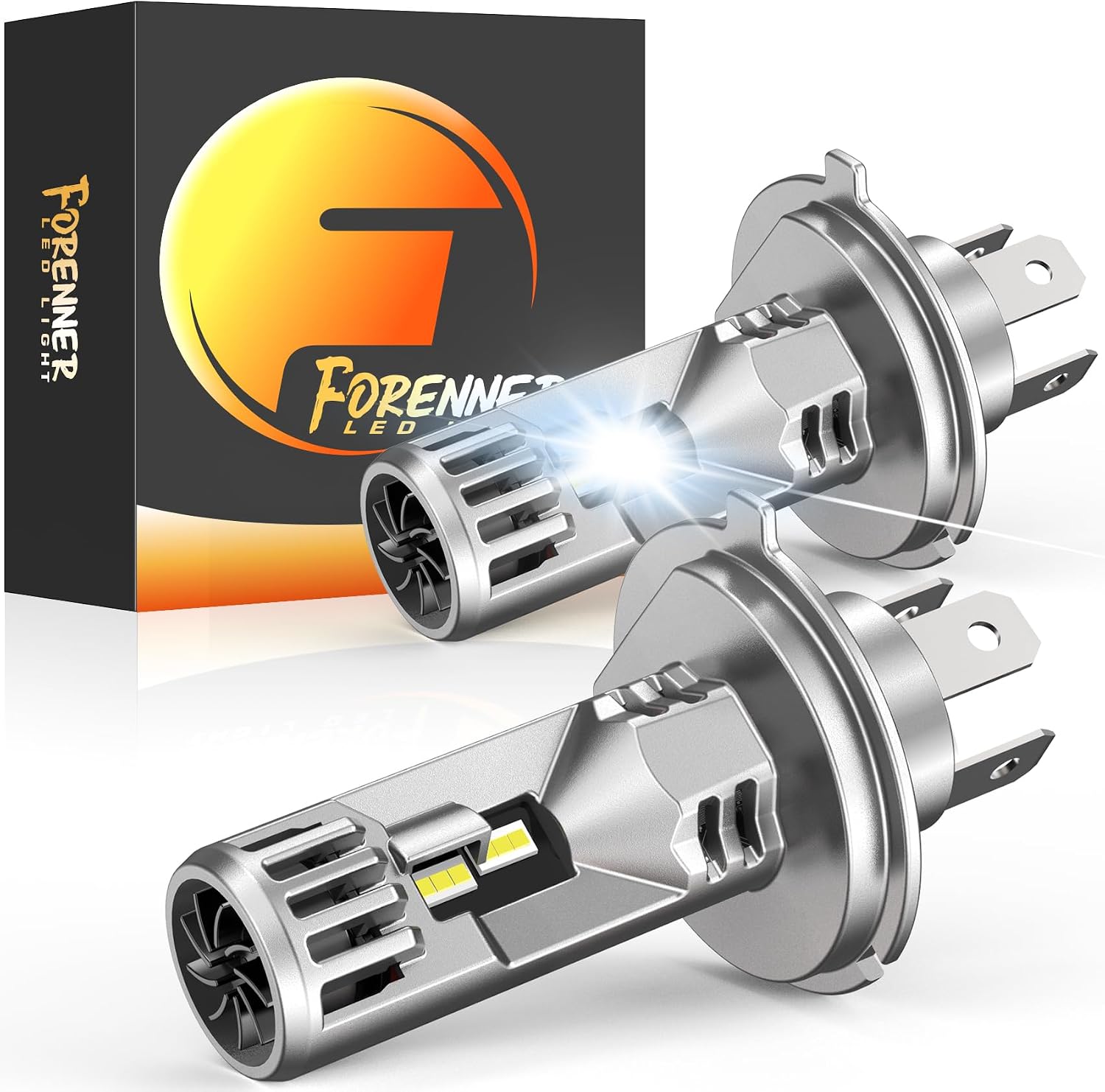 FORENNER H4 Light Bulb, 70000LM 1000% Super Brighter, Real 1:1 Size, 9003/HB2 for High Low Beam, 6500K Cool White, 90000Hrs Long Service Life with Cooling Fan, Plug and Play, Pack of 2