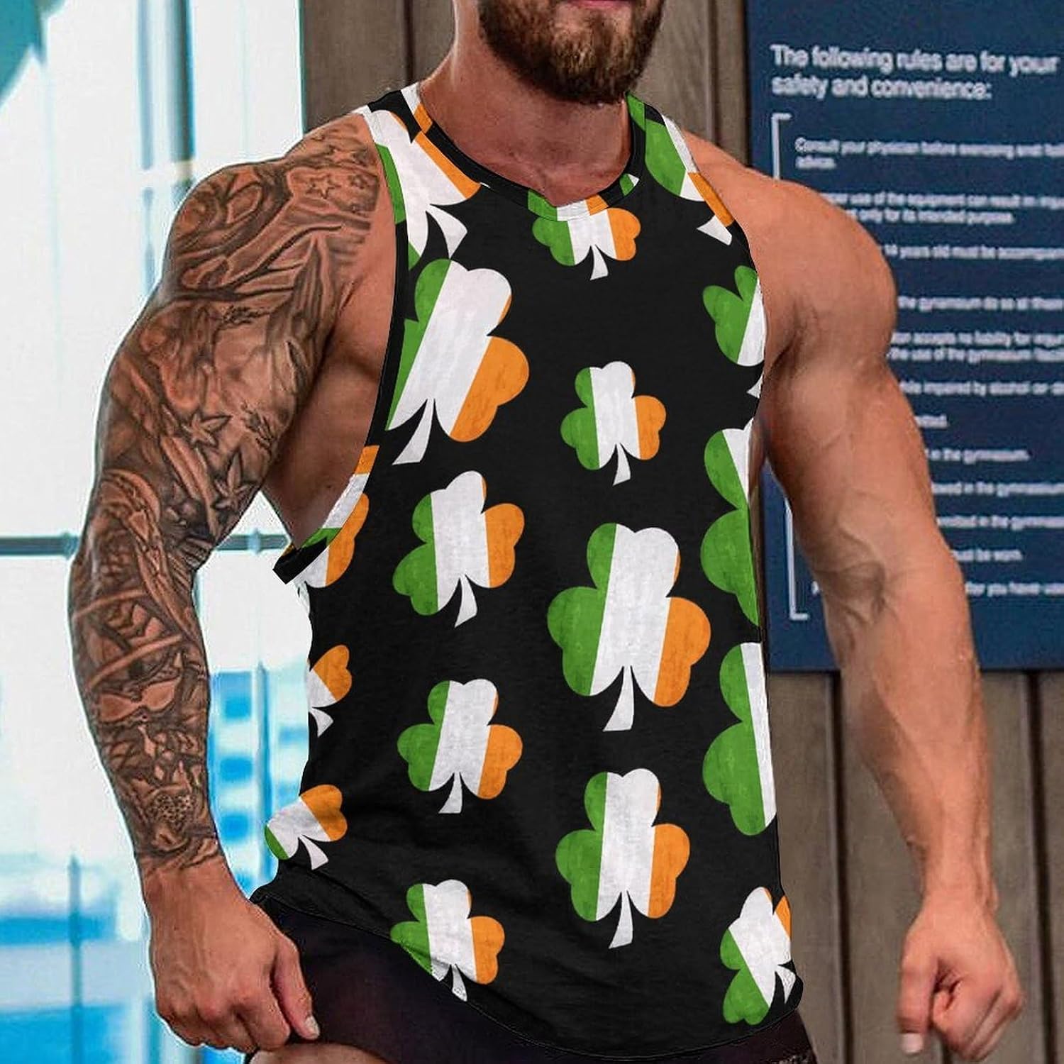 Irish Flag Shamrock Clover Men's Tank Tops Sleeveless Muscle Shirts for Men Lightweight Vest Crew Neck T-Shirts