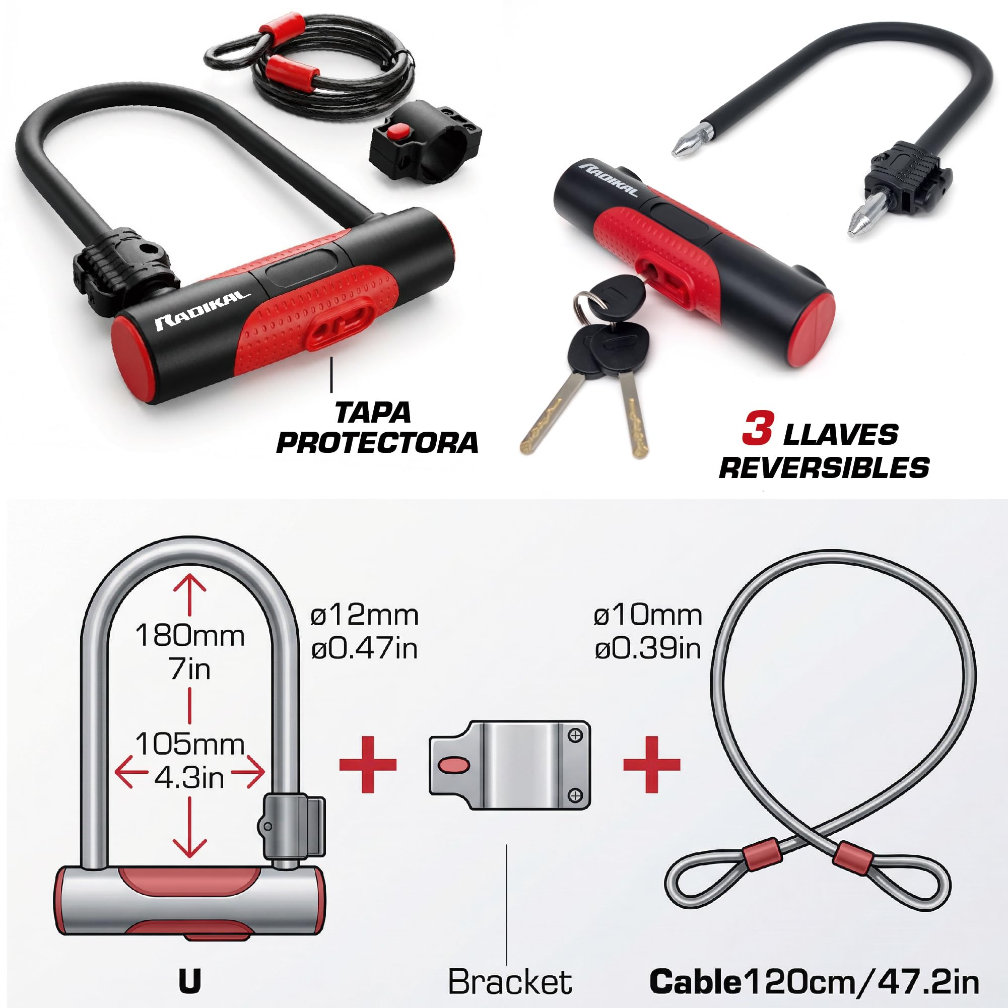 RADIKAL RK470 Candado Bicicleta en U con Cable 120cm, Antirrobo Bicicleta Acero Endurecido + Soporte, U Lock Bici Seguridad Urbana Resistente y Portátil, Candado Patinete Eléctrico, Scooter, 3 Llaves