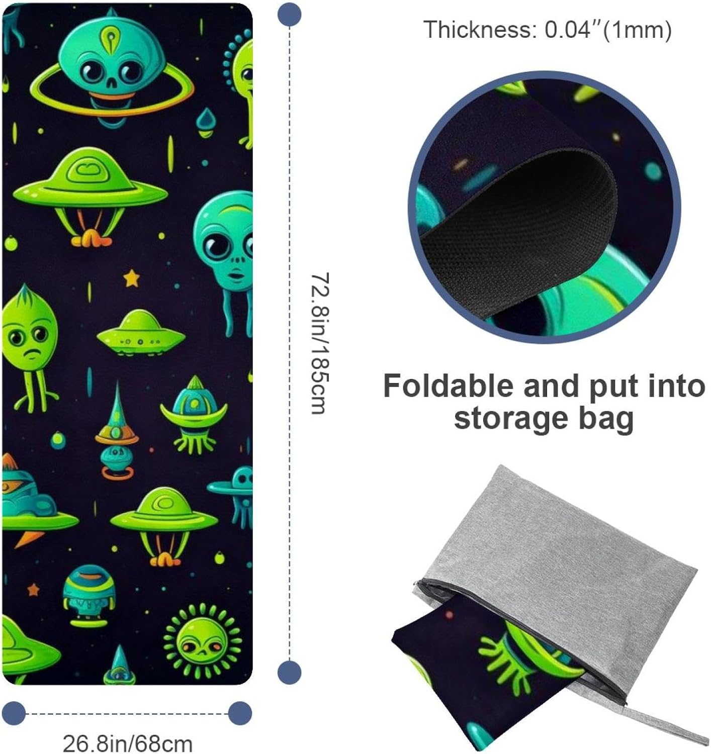 Yoga Towel, Outer Space Alien Pattern Non Slip Sweat Absorbent Hot Yoga Mat Towel for Hot Yoga, Pilates and Fitness - 72.8" x 26.8"