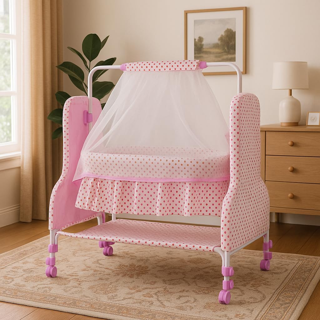 Premium Jumbo Baby Cradle New Born Baby Sleep Swing Cradle/Mattress & Wheels and Cradle for 0-13 Months Baby Boys and Girls (Blue Panda) (Luxury Pink)-image-13
