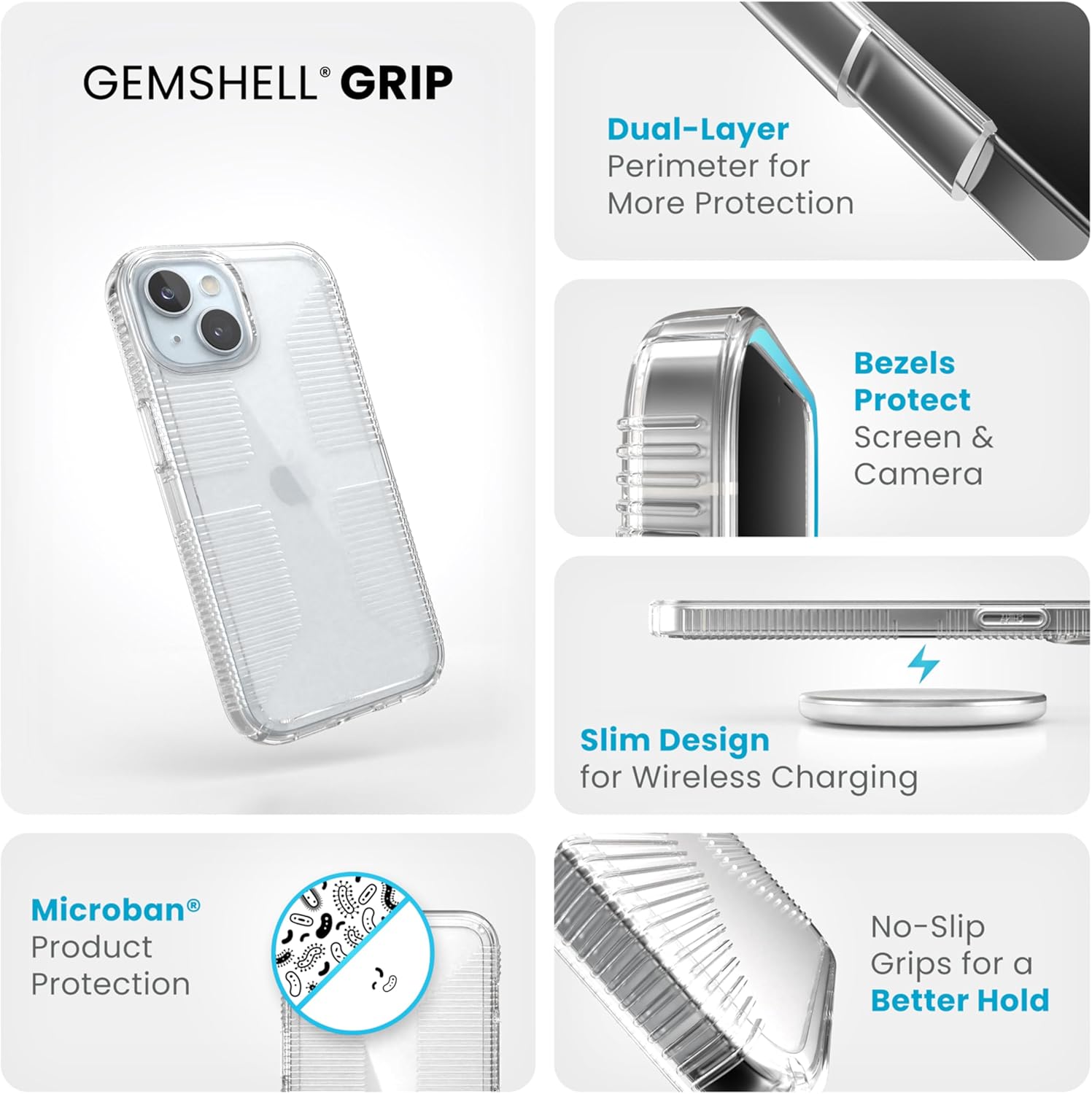 Speck Clear iPhone 17e, iPhone 15 Case - Slim, Drop Protection, Grip - for iPhone 15, iPhone 14 & iPhone 13 - Scratch Resistant, Anti-Yellowing, 6.1 Inch Phone Case - GemShell Grip Clear