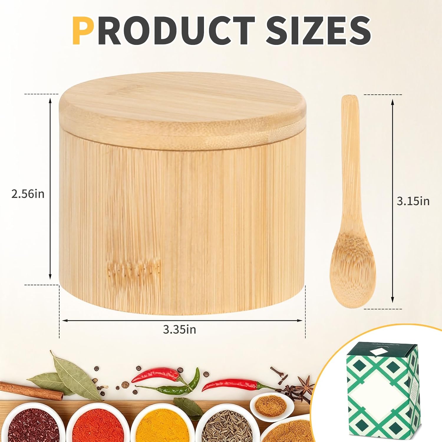 Bamboo Salt Shaker Compatible with Maldon Salt, with Lid and Spoon
