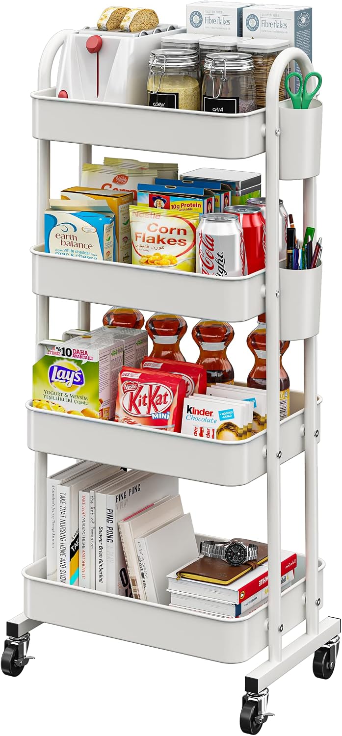 LEGUANG 4-Tier Rolling Utility Cart Storage Shelves Multifunction Storage Trolley Service Cart with Mesh Basket Handles and Wheels Easy Assembly for Bathroom, Kitchen, Office (White)