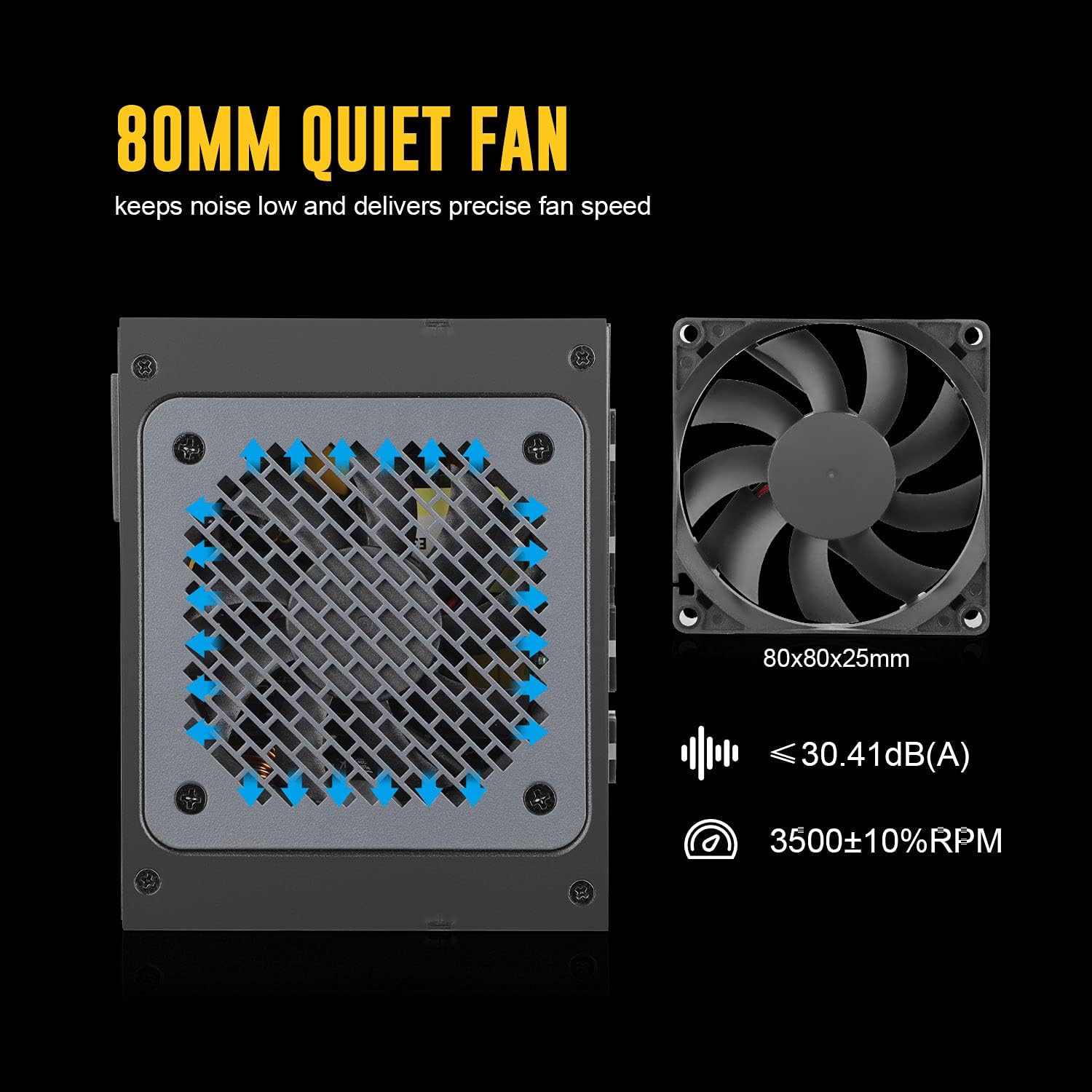 Diagram of 80mm quiet fan specifications for Segotep 650W SFX Power Supply