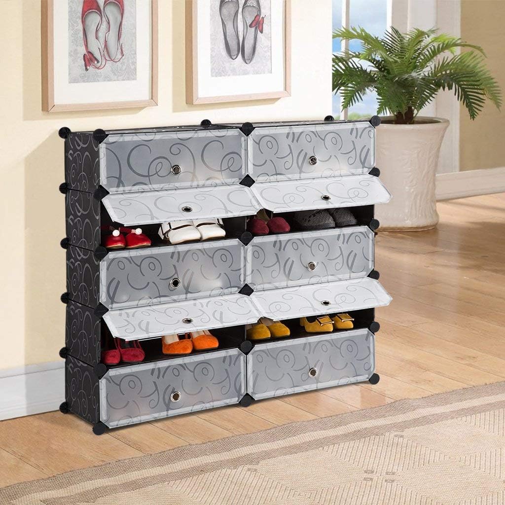 LANGRIA 10-Cube DIY Shoe Rack, Storage Drawer Unit Multi Use Modular Organizer Plastic Cabinet with Doors, Black and White Curly Pattern