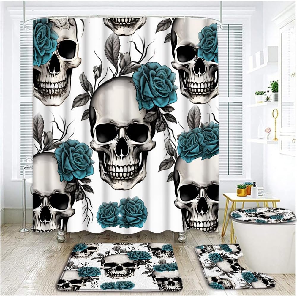 4 Piece Floral Sugar Skulls Shower Curtain Sets with Rugs, Toilet Lid Cover , Vintaage Teal Goth Rose Spooky Flowers Skeleton Gothic Day of Death Halloween Bathroom Shower Curtain with 12 Hooks