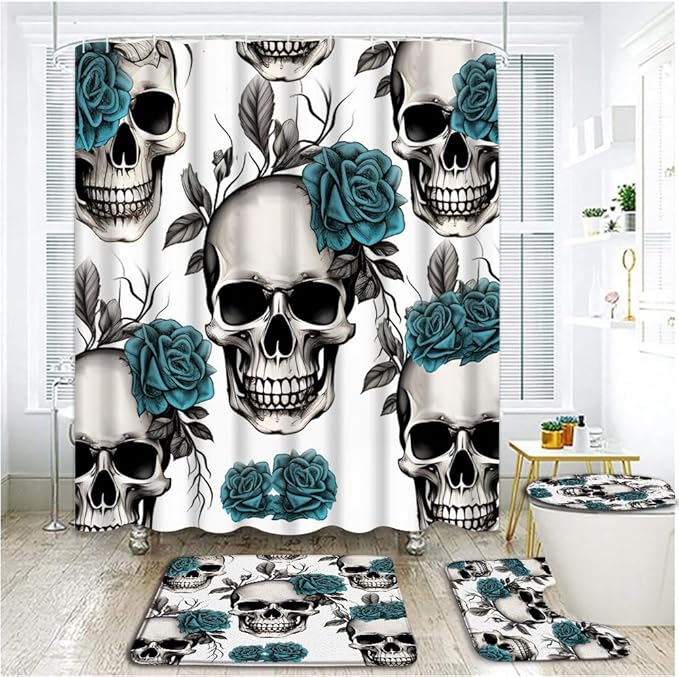 4 Piece Floral Sugar Skulls Shower Curtain Sets with Rugs, Toilet Lid Cover , Vintaage Teal Goth Rose Spooky Flowers Skeleton Gothic Day of Death Halloween Bathroom Shower Curtain with 12 Hooks