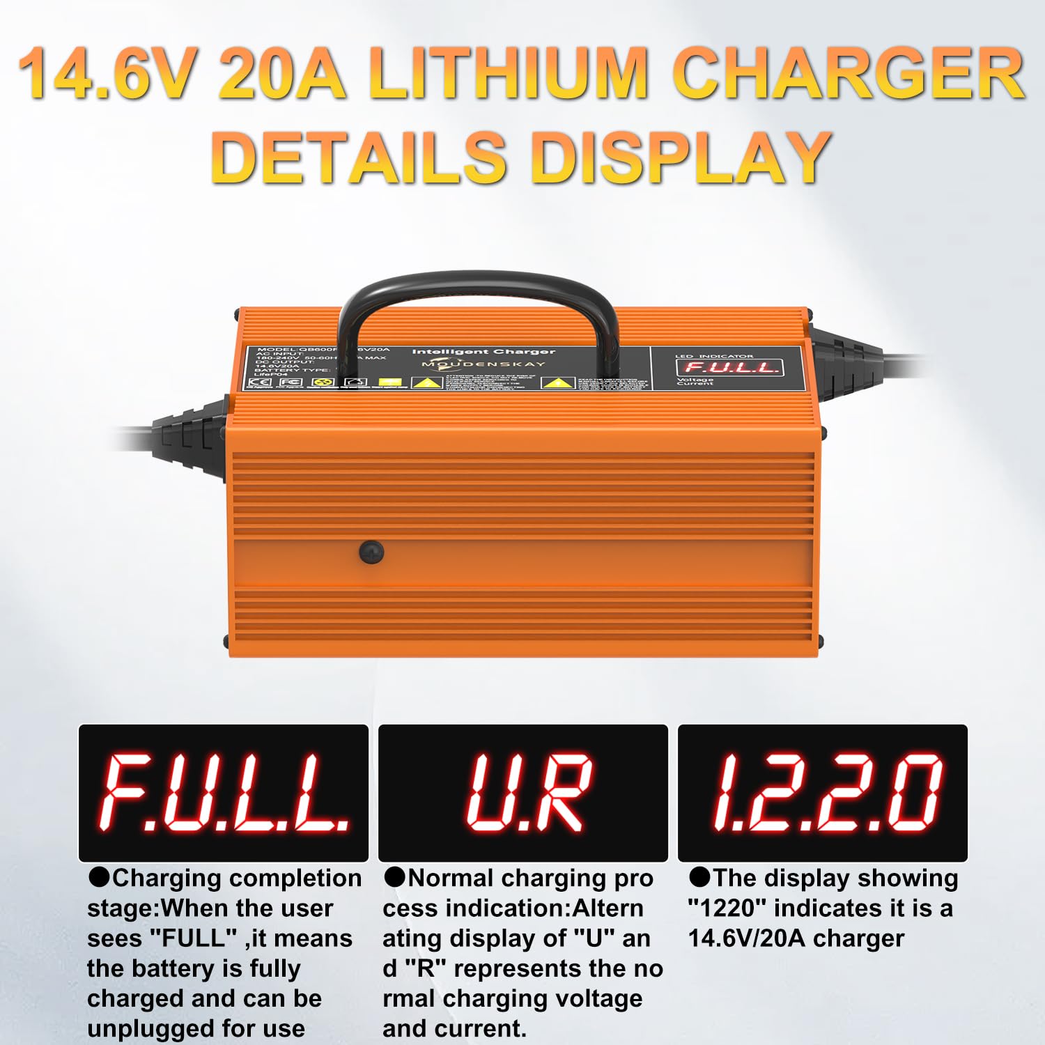 LiFePO4 Ladegerät 14.6V 20A - 12V/12.8V Lithium Batterieladegerät mit LED Anzeige für 30AH-100Ah Lithium LiFePO4 Deep Cycle Akkus,Auto,Wohnmobil,Marine