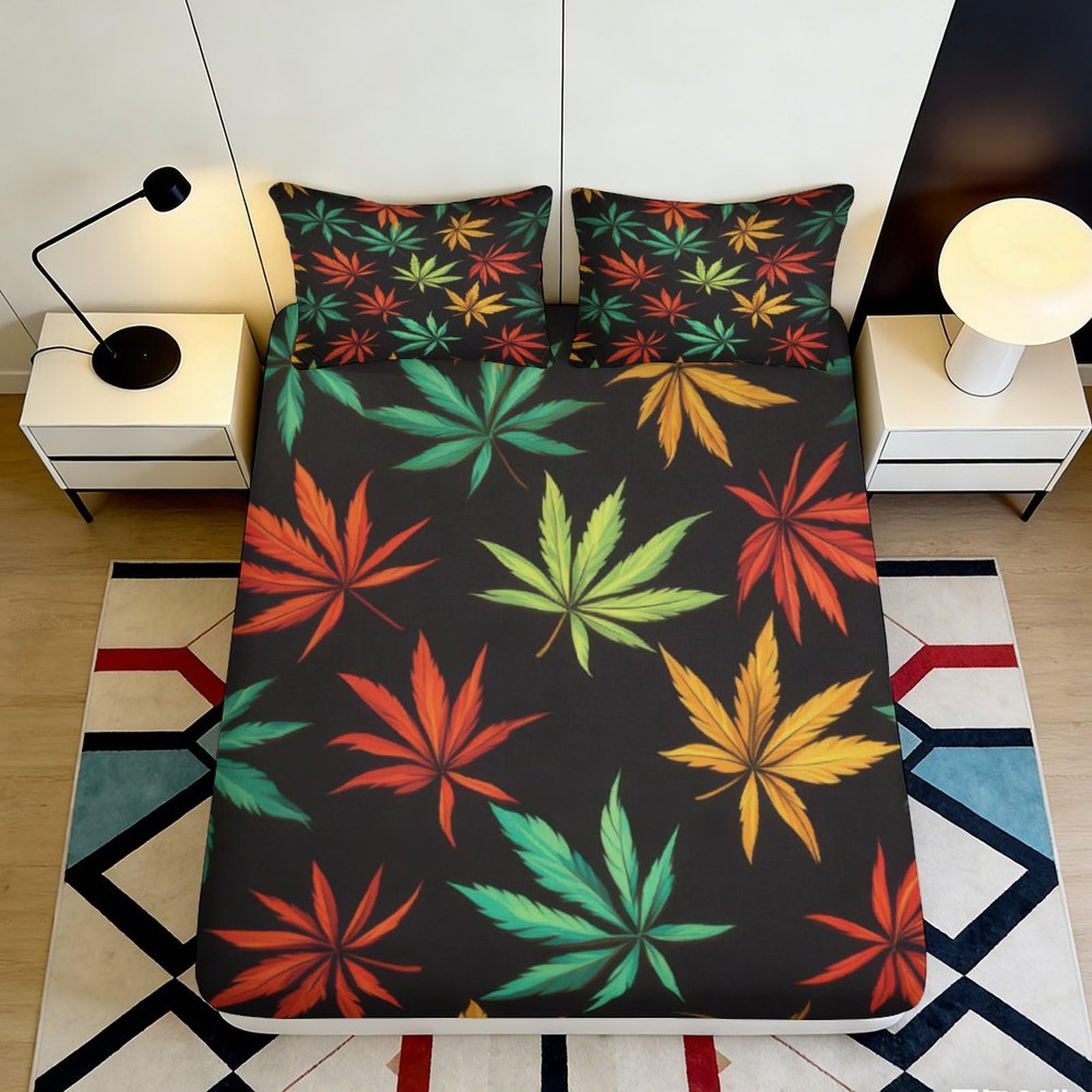 3D Printed Palm Leaf Fitted Sheet Microfiber Non-Slip Deep Pocket Palm Leaf Mattress Fitted Cover Washable for Home 200x200x25cm