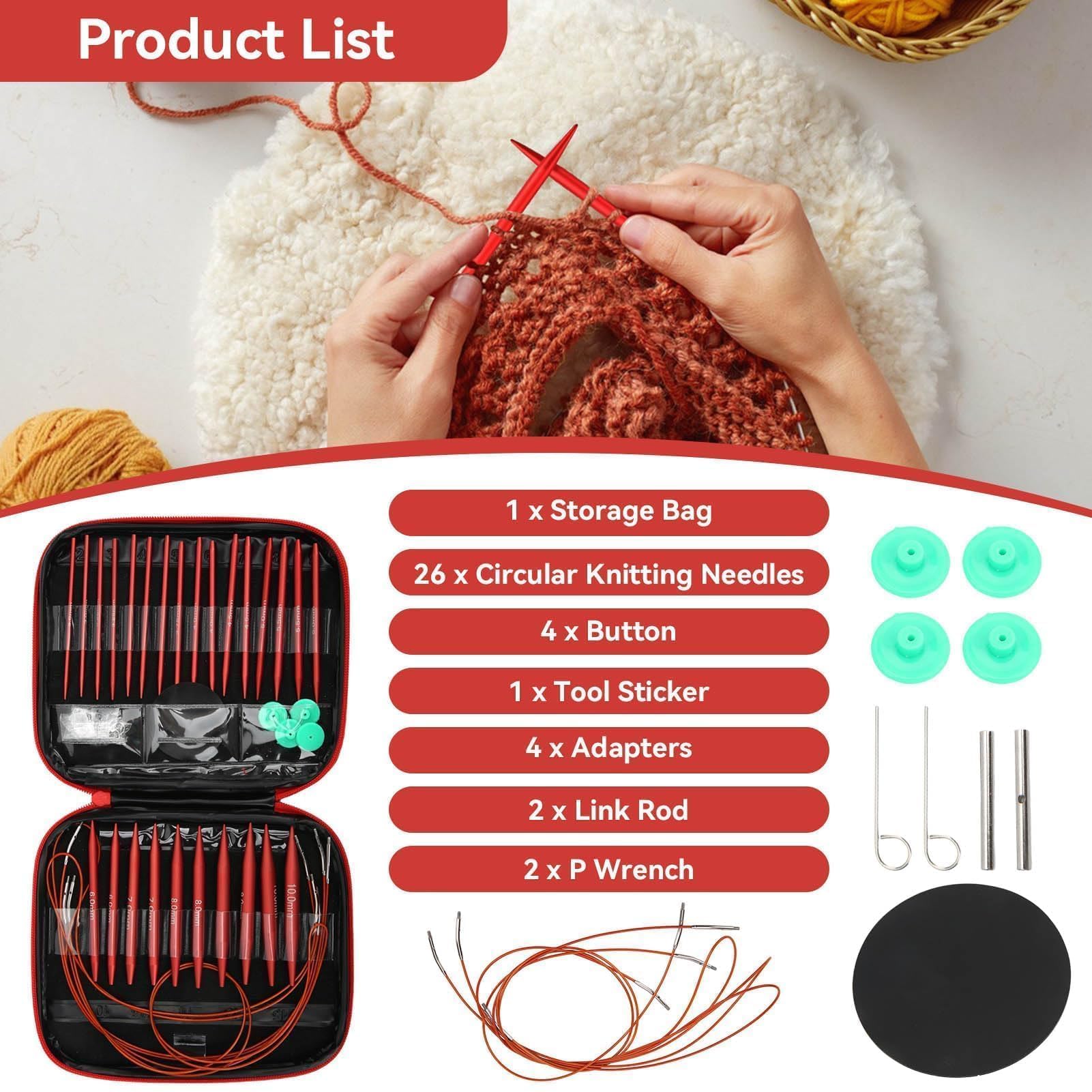 Kit 13 Paia Aghi Maglia 4 Pollici Lungo, Set di Aghi Circolari Alluminio Cavi 40/60/80/100cm Uncinetto Maglia Uncinetto Staccabile con Custodia per Maglia DIY