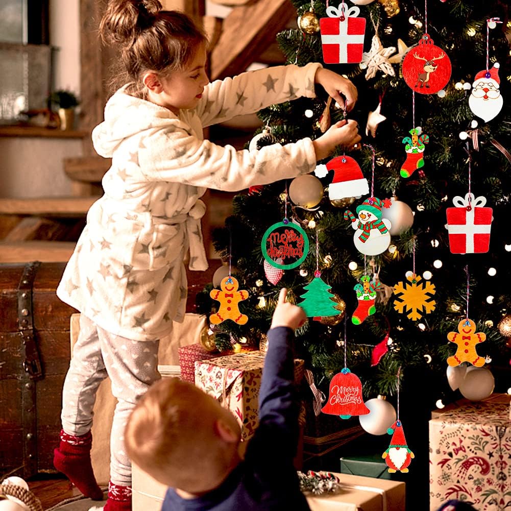 60pcs DIY Wooden Christmas Ornaments Unfinished 12 Styles Christmas Crafts for Kids, Wood Kit for Crafts with 8 Coloured Pen and 60 Jingle Bell