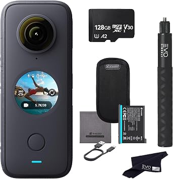 Insta360 ONE X2 360 Camera with Touchscreen - 5.7K30 360 Video, Front Steady Cam Mode, 18MP 360 Photo + InstaPano | Bundle Includes Invisible Selfie Stick (120cm) & 128GB Memory Card (3 Items)