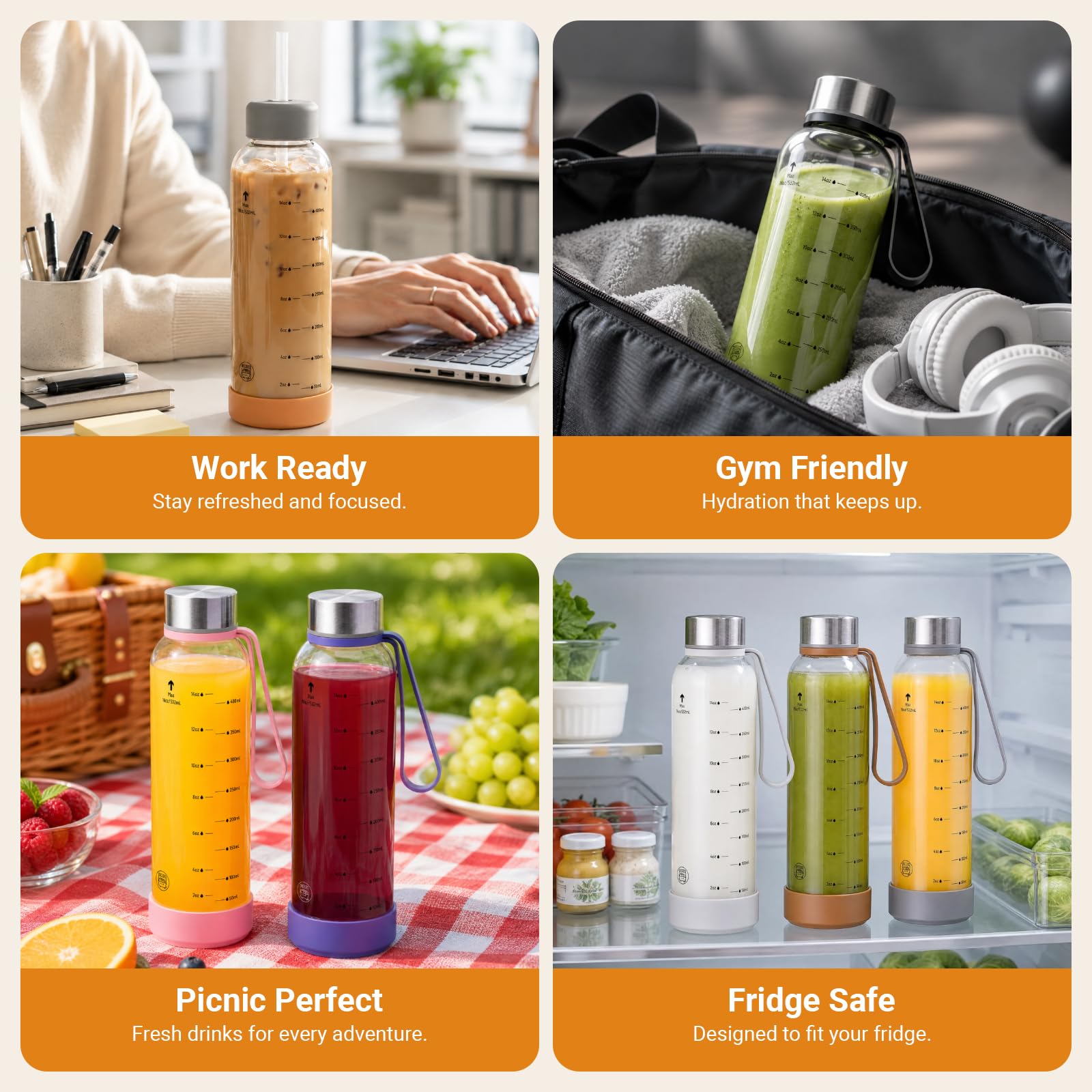 Sursip 18 oz Glass Water Bottles, 6 Pack