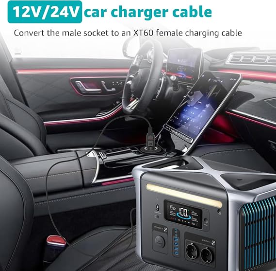 Anker SOLIX車用充電ケーブル Anker C1000カーチャージャー対応 | Anker SOLIX F1200 / F1500 / F2000 / F2600 / C300 / C800 / C800 ポータブル電源ステーション用 12V/24V XT60 車用充電ケーブル